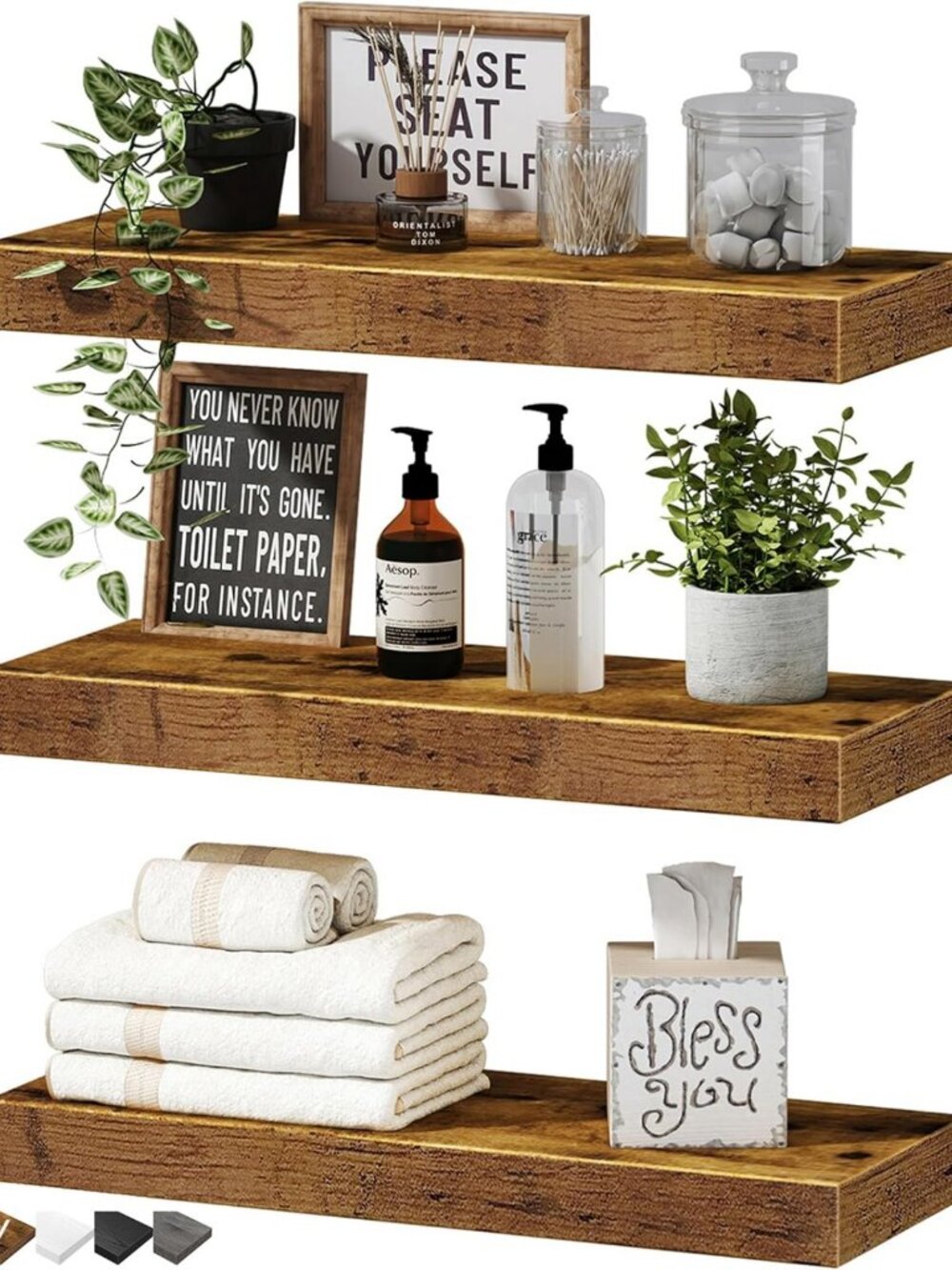 Rustic Floating Shelves Set of 3 - 16" Wall Decor for Bathroom, Bedroom, Kitchen
